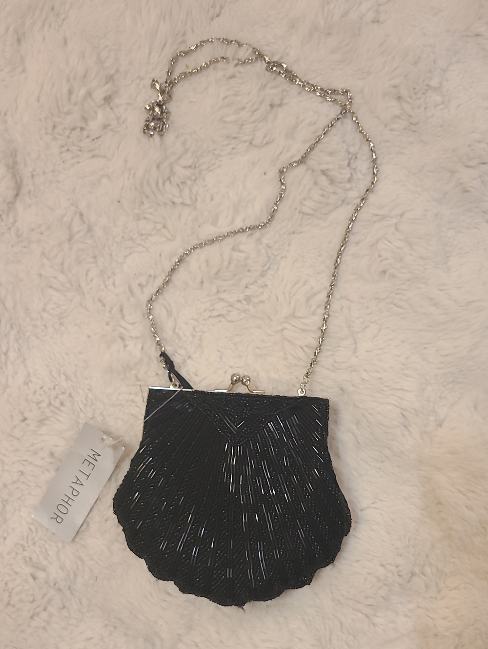 Metaphor Black Beaded Shell Wristlet with Silver Chain